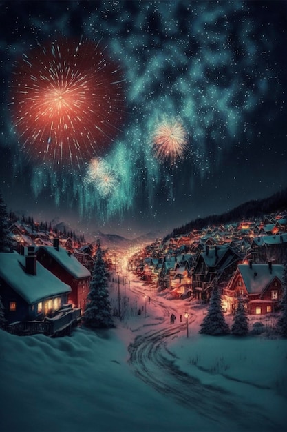 Snow covered town with fireworks in the sky generative ai