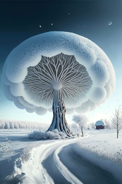 Snow covered tree in the middle of a snowy field generative ai