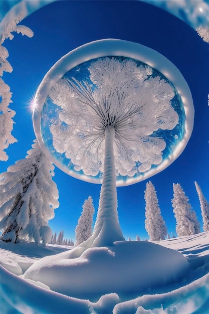 Snow covered tree sitting in the middle of a forest generative ai