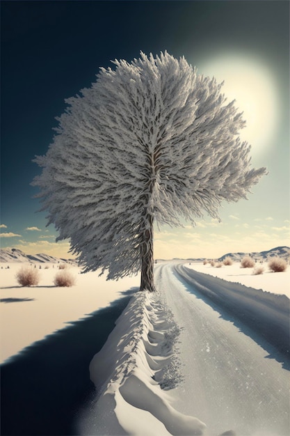 Snow covered tree sitting on the side of a road generative ai