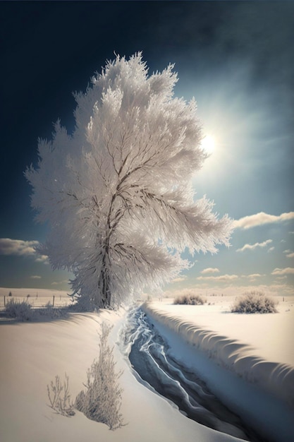 Snow covered tree sitting on top of a snow covered field generative ai