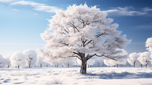 A snow covered tree with fluttering snowflakes on a white background