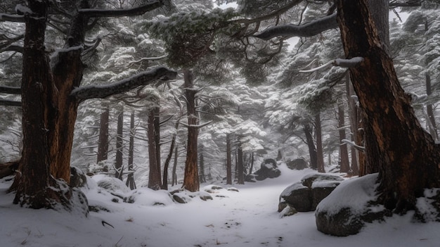 Snow covered trees in the woods with a path in the foreground and a snowy forest in the background.