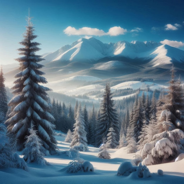 Snow covered winter landscape with pine trees and a mountain backdrop clear blue sky