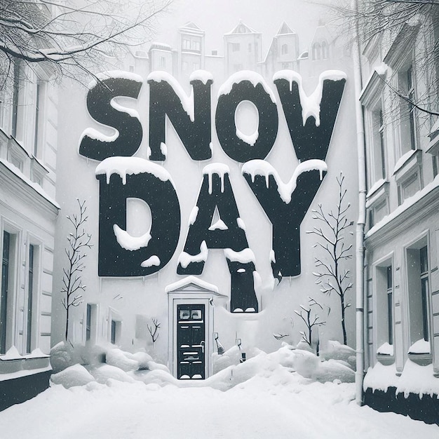 A snow day written on a building with a black and white background