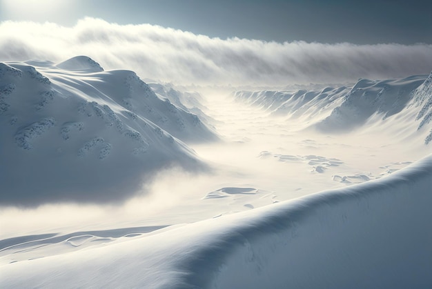 Snow dunes panorama during blizzard White and empty frozen scenic imaginary landscape Generative AI