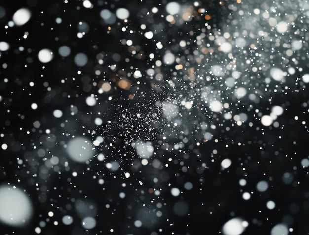 Snow falling on a black background with snowflakes and particles in a depth of field