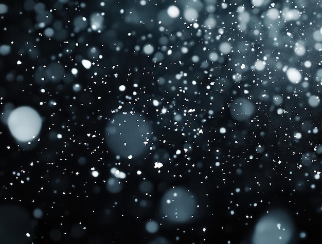 Snow falling on a black background with snowflakes and particles in a depth of field