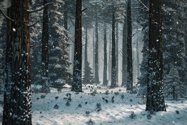 Photo snow falling through tall trees in a dense forest