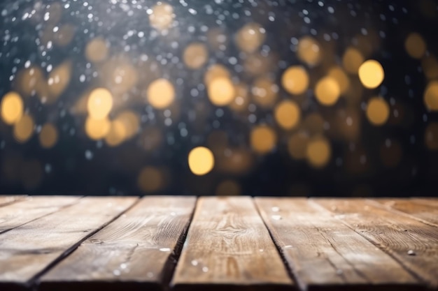 Snow falling on a wooden table with bokeh lights in the background