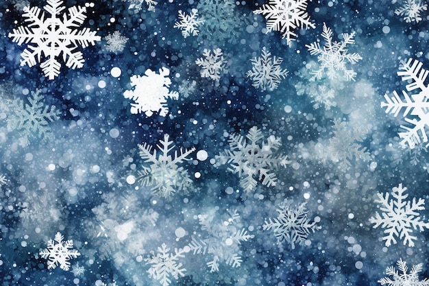 Snow flakes are falling down on a blue background with white snowflakes generative ai