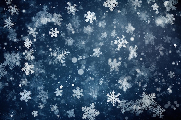 Snow flakes falling from the sky in a dark blue background generative ai