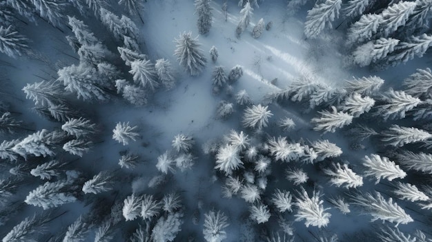 Snow forest bird's eye view