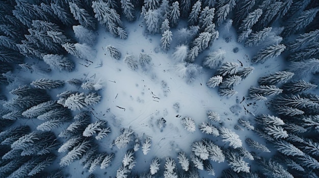 Snow forest bird's eye view