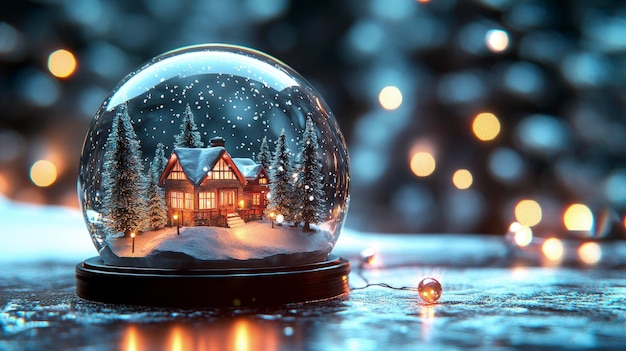 Photo snow globe containing a miniature christmas village sitting on a table sparkling fairy lights nearby