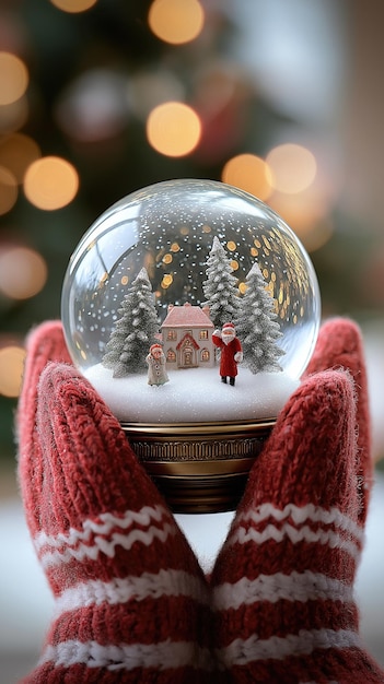 Photo snow globe in knitted red mittens with winter scene against blurred christmas lights background