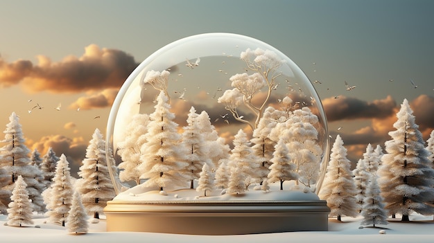 Snow Globe Serenity 3D Illustration with White Snow Cover