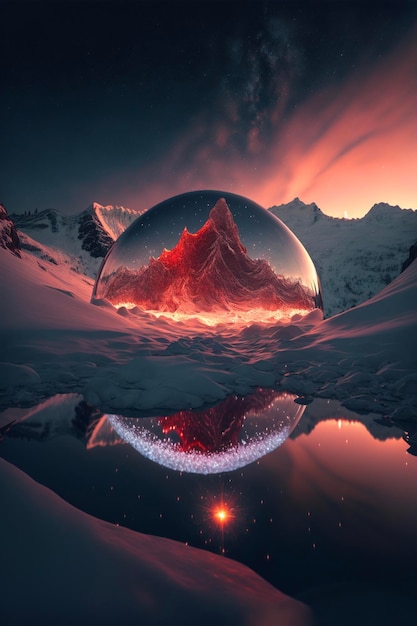 Snow globe sitting on top of a snow covered mountain generative ai