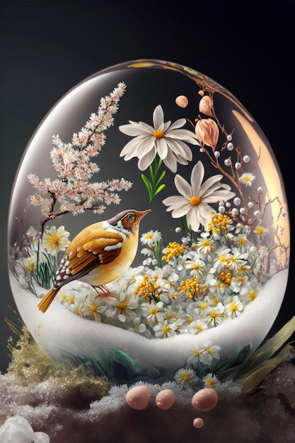 Snow globe with a bird and flowers inside generative ai