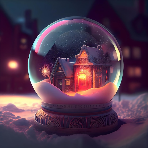 Snow globe with christmas house in the snow 3d render