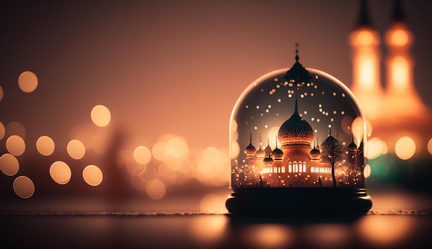 A snow globe with a dome and the lights in the background