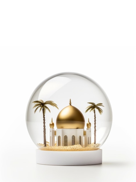 A snow globe with a dome of a mosque inside and palm trees on the bottom.