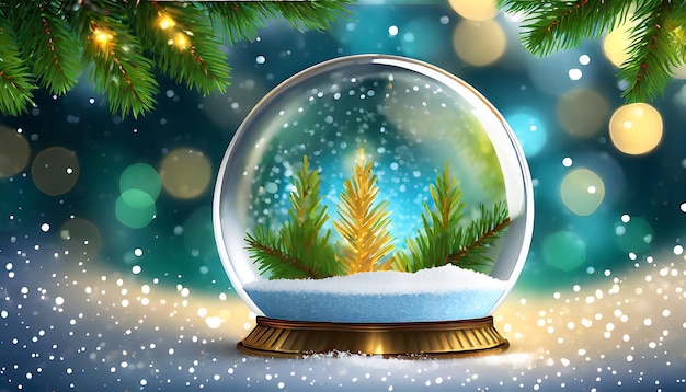 Snow globe with fir tree branches and bokeh lights Vector illustration Christmas background with s