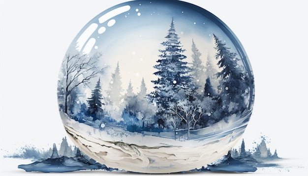 A snow globe with a forest scene in the background.