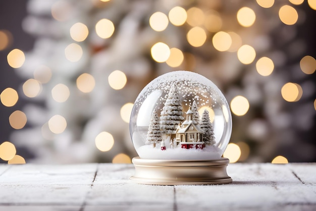 Snow globe with house and christmas tree on bokeh background