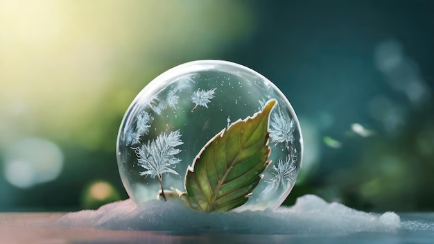 a snow globe with a leaf on it