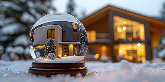 Snow globe with a miniature modern house next to a cozy real house with lit windows in winter Concept Winter Scene Miniature vs Real Cozy Home Snow Globe Holiday Decor