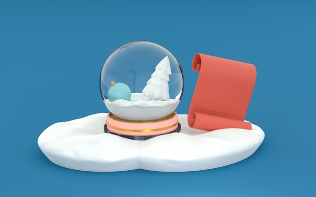 Snow globe with a New Year's toy and a white spruce in the snow isolated on a blue background. Red scroll for text. 3d render. Template for layout, greeting card