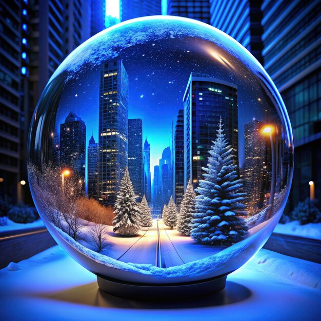 Photo snow globe with skyscrapers and winter scenery illuminated at night generative ai