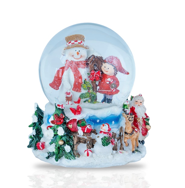 Snow globe with snowman and little girl isolated on white