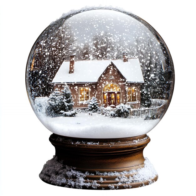 Photo a snow globe with a snowy house and a wooden base