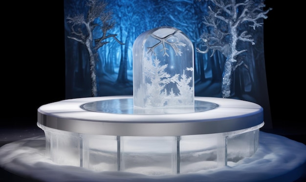 A snow globe with a snowy scene in the background