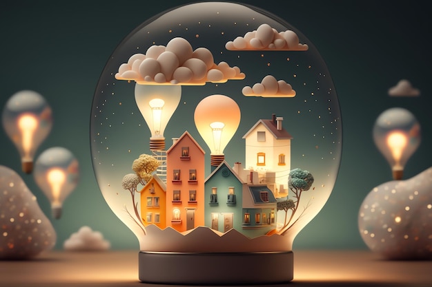 A snow globe with a town in the middle and a house in the middle.