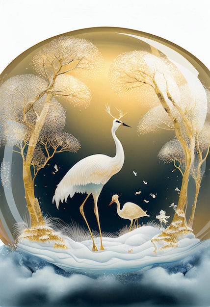 Snow globe with two birds inside of it generative ai