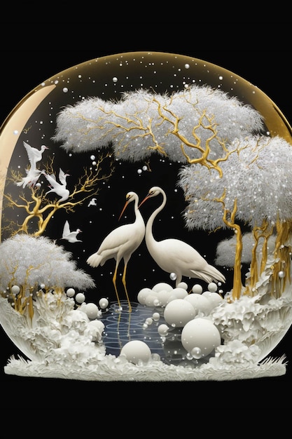 Snow globe with two white birds inside of it generative ai