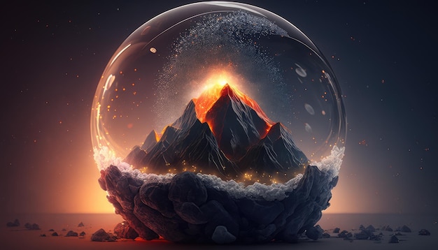 A snow globe with a volcano in it