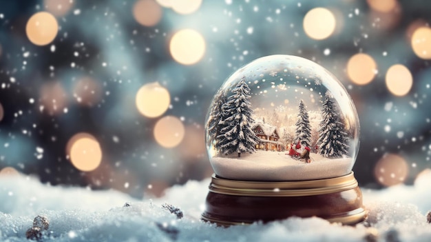 Photo a snow globe with a winter village scene inside sitting on a snowy surface with a bokeh background of warm lights