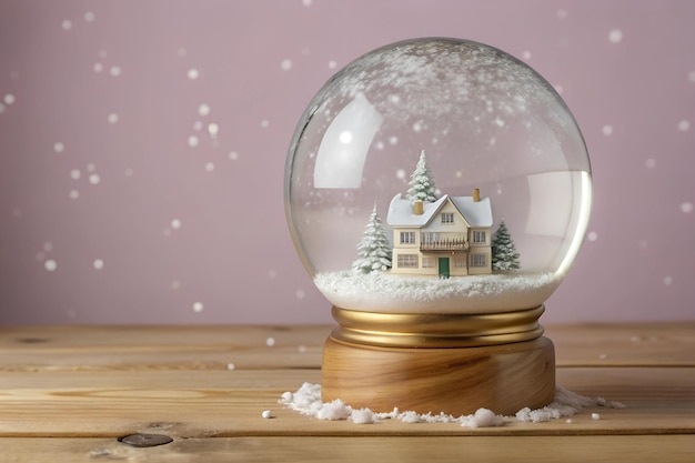 Photo snow globe on wooden table with blank space