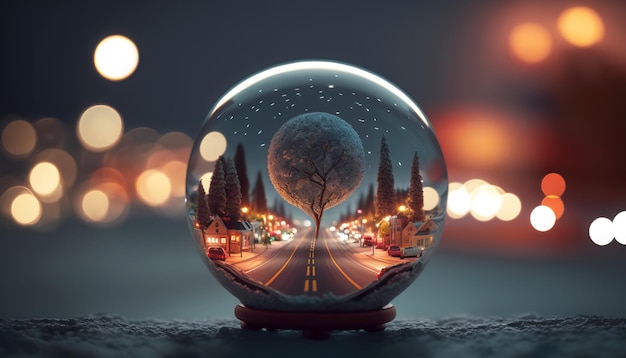 Snow globe world. Urban scenes. Generative AI.