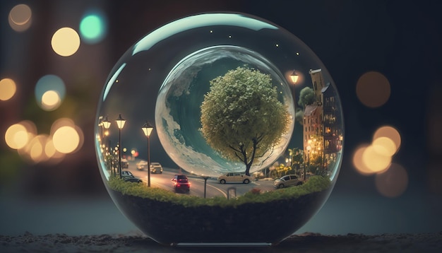 Snow globe world. Urban scenes. Generative AI.