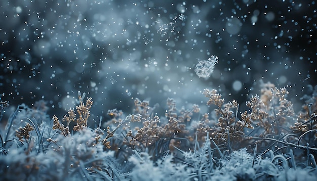 snow on the grass in the forest