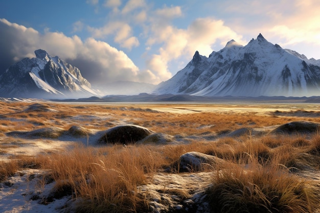 Snow on the ground and grass in the foreground Generat by Ai Midjourney