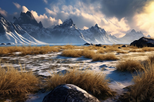 Snow on the ground and grass in the foreground Generat by Ai