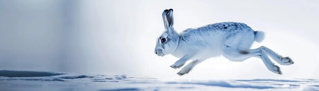 Photo snow hare in midleap against a frosty winter backdrop showcasing its agility and adaptation in cold