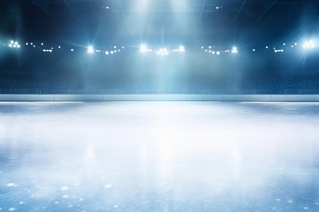 Snow and ice backgroundempty ice rink illuminated by spotlights