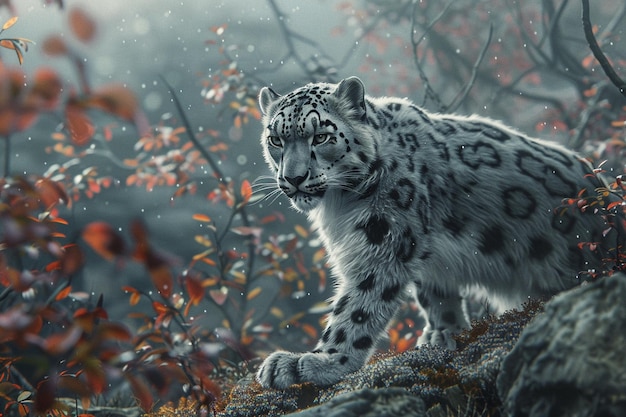 Photo a snow leopard is standing in a tree and looking at the camera